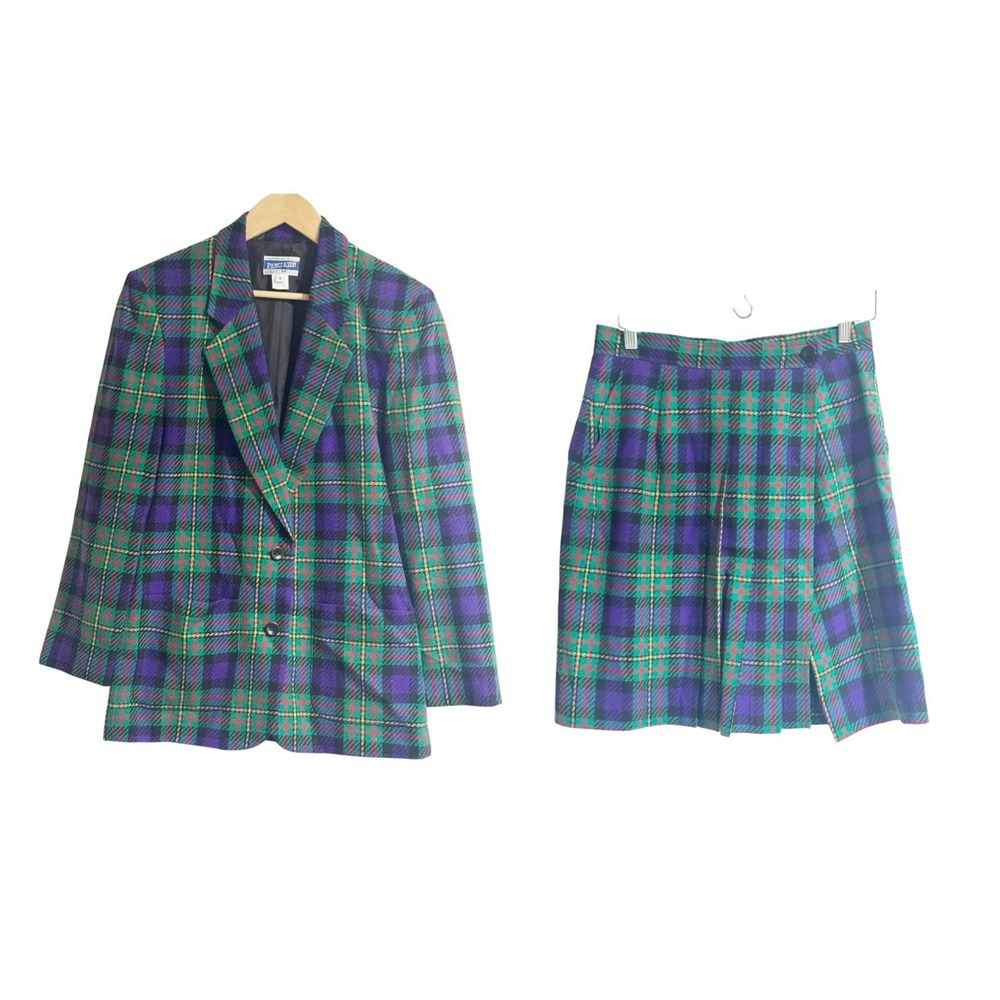 Pendleton 100% Wool Tartan Plaid‎ Single Button Blazer  Pleated Skirt 8 Vintage